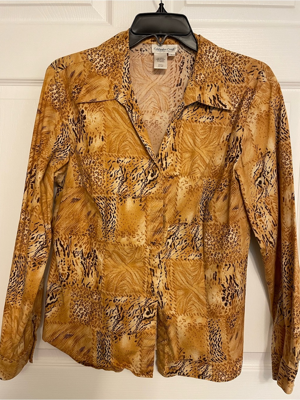 Coldwater Creek Women's Tan Golden Animal Print Button-Down Shirt